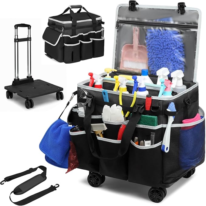Large Rolling Cleaning Caddy Bag with Detachable Trolley, Full Support Plates for Professional Cleaning Supplies Bag, Organizer Bag with 4 Universal Wheels for Housekeepers, Car Wash by RUCYEN