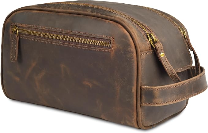 LEATHER VILLAGE Genuine Leather Toiletry Travel Bag With Waterproof Lining - Brown | King-Size Handcrafted Vintage Dopp Kit Bag, Shaving & Bathroom Organizer, Gift for Men & Women by LeatherVillage