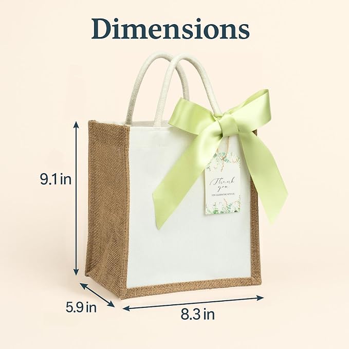 10 Pack Small Burlap Gift Bags with Light Green Ribbons for Bridesmaid, Wedding Welcome Reusable Jute Tote - Image 7