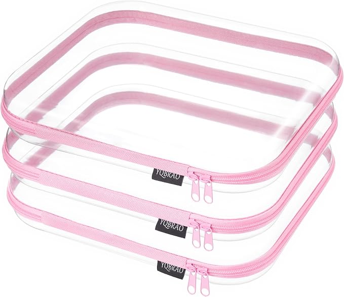 YQBRAO 3-Pack Large Clear Hard Shell Zipper Case, 1.2mm Ultra-Thick Rigid Toy & Closet Organizer, Heavy-Duty Diaper Bag Pouch Set with YKK Zippers, Waterproof Travel Storage (Pink) by Unknown