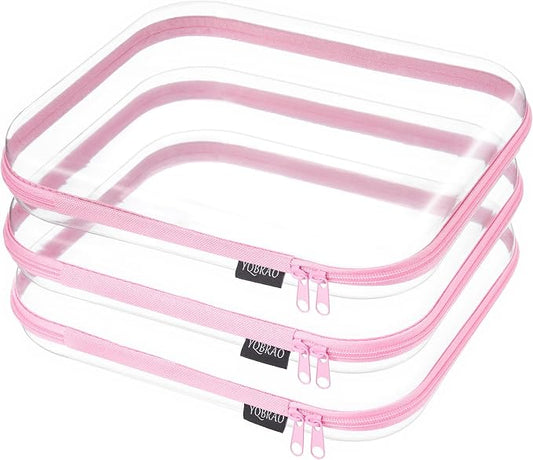 YQBRAO 3-Pack Large Clear Hard Shell Zipper Case, 1.2mm Ultra-Thick Rigid Toy & Closet Organizer, Heavy-Duty Diaper Bag Pouch Set with YKK Zippers, Waterproof Travel Storage (Pink) by Unknown