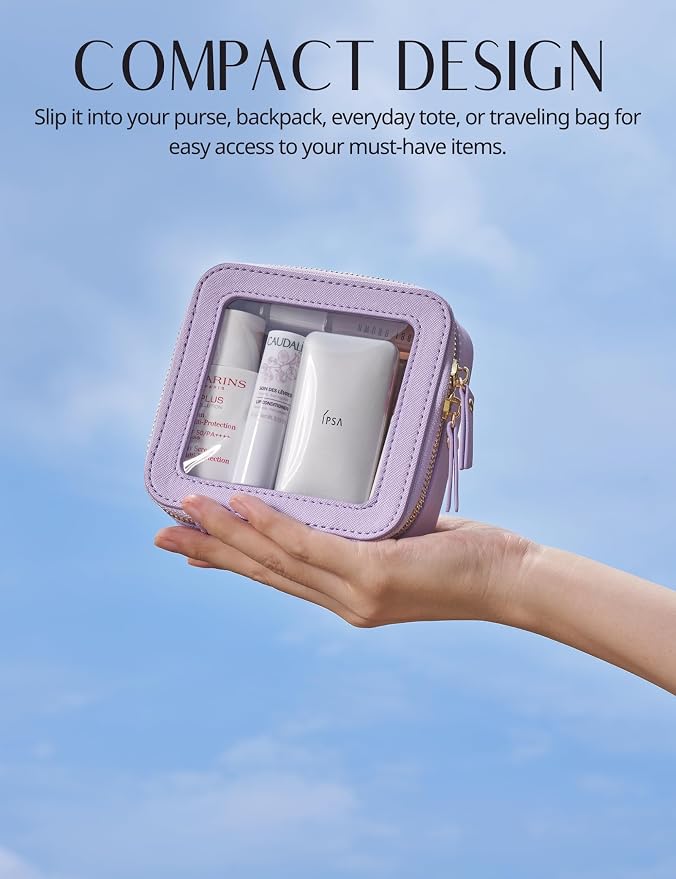 Small Cosmetic Bag for Purse Mini Makeup Bag for School Cute Clear Make Up Pouch for Travel Tiny Leather Purple Make Up Organizer Case for Backpack Toiletry Bag Waterproof Square Pouch with Zipper - Image 5