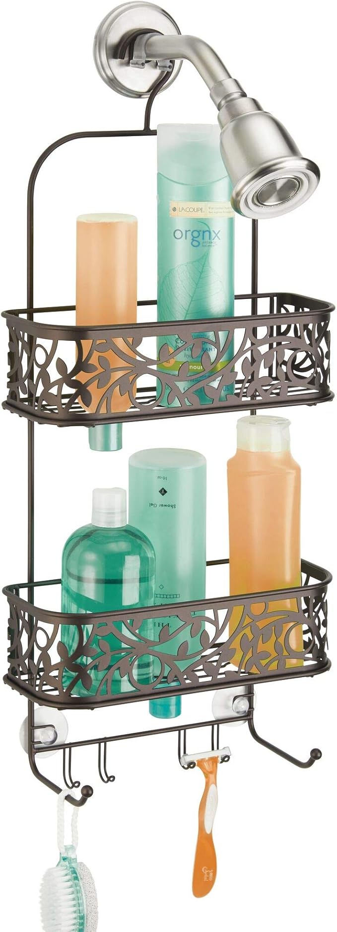iDesign Vine Metal Wire Hanging Shower Caddy, Extra Wide Space for Shampoo, Conditioner, and Soap with Hooks for Razors, Towels, and More, 10.5" x 4.5" x 25" - Image 3