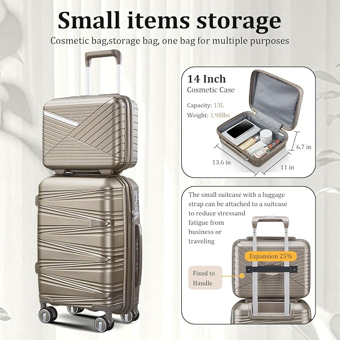 TRAVELEO 4 Piece Carry On Luggage Set 20 Inch, Expandable PP Hardshell Suitcase with Detachable Spinner Wheels & TSA Lock, Includes Cosmetic Case, Travel Tote & Toiletry Bag, Lightweight (Champagne) - Image 3