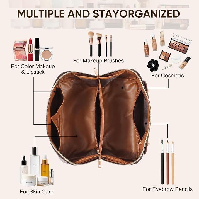 Leather Travel Makeup Bag, Large Capacity Cosmetic Bag for Women, Waterproof Portable Pouch with Divider, Toiletry Organizer with Handle, 10.5x5x5 Inches, Deep Brown - Image 3