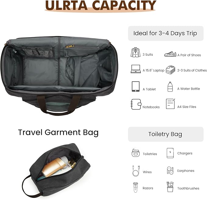 S-ZONE Carry On Garment Bag for Travel Convertible Garment Duffle Bag Suit Bags for Men Women Travel 2 in 1 Hanging Suitcase Business Travel Bag with Toiletry Bag, Black, 50l | 2-in-1 Hanging Suitcase, with Toiletry Bag, Wet/Dry Pockets, Shoe Compartme... - Image 7