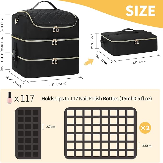 Extra Large Nail Polish Organizer Holds 117 Bottles - Three Layer Nail Organizers And Storage Bag, Portable Nail Supplies Organizer Case, Nail Tech Kit Travel Carrying Box with Shoulder Strap - Image 6