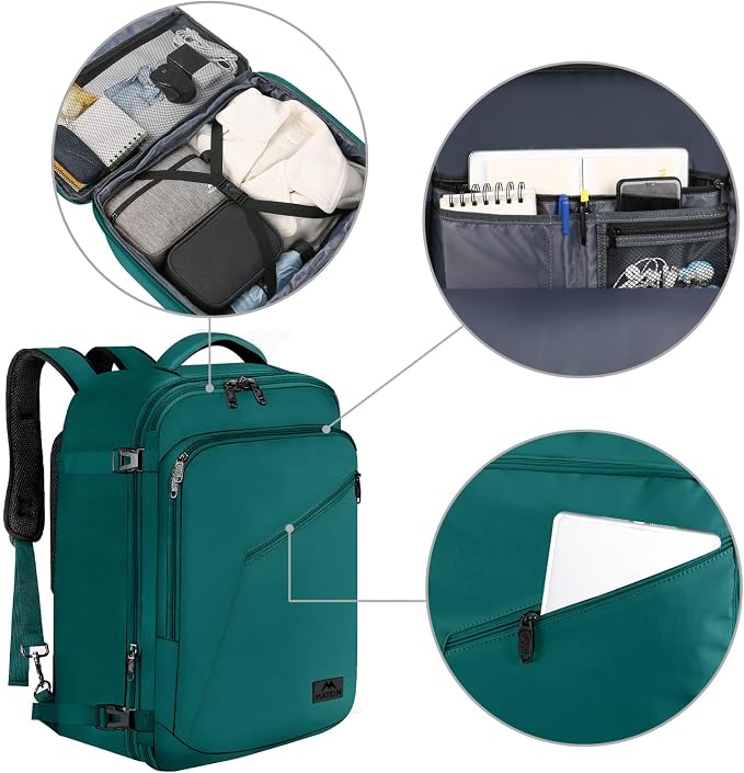MATEIN Travel Backpack for Men Women, 35L Carry on Backpack for Airplanes | Personal Item, Simple Daypack with Trolley Sleeve, Adjustable Shoulder Strap, Gifts for International Travelers, Peacock Blue - Image 8