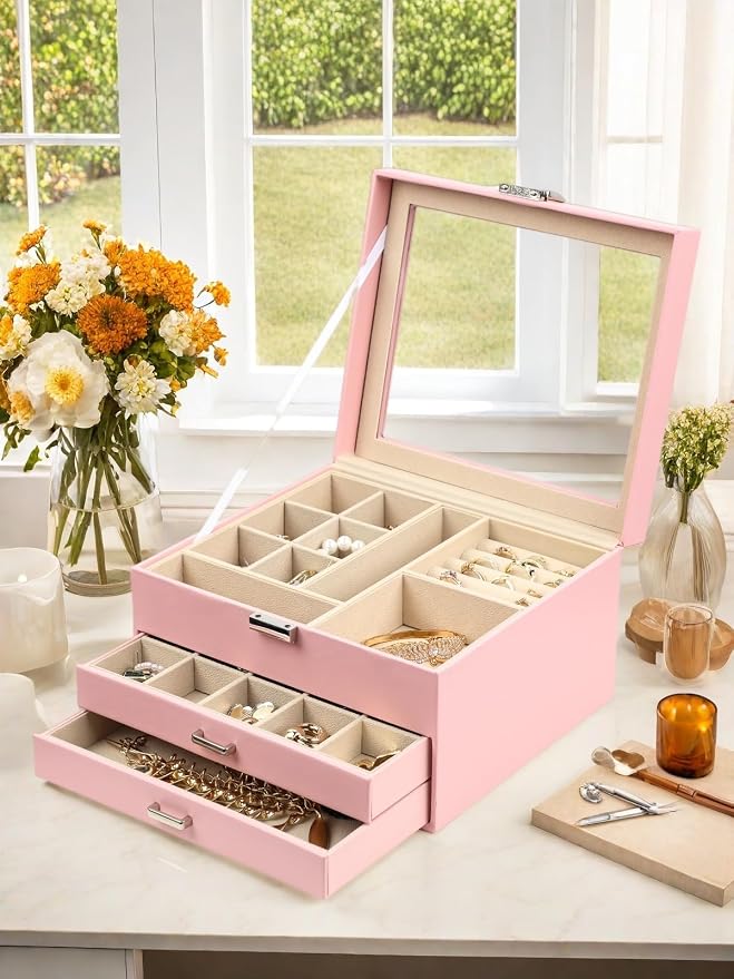 BOOVO Clear Lid Jewelry Box,3 Layers Jewelry Organizer Large Jewelry Storage Box with 2 Drawers,Jewelry Holder Organzier of Rings Earrings Necklace Bracelets for Women (Pink, 3 Layer) - Image 7