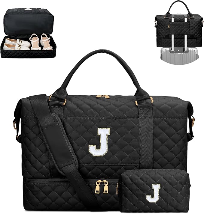 Gifts for Women Girls Initial Travel Duffle Bag Quilted Weekender Carry-On Overnight with Cosmetic Bag, Gym Bag with Shoe Compartment Hospital Bag for Labor Delivery, Black J by Unknown