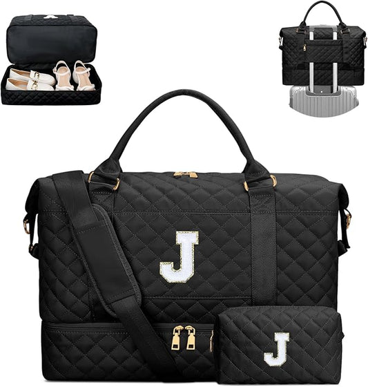 Gifts for Women Girls Initial Travel Duffle Bag Quilted Weekender Carry-On Overnight with Cosmetic Bag, Gym Bag with Shoe Compartment Hospital Bag for Labor Delivery, Black J by Unknown