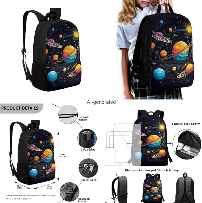 Galaxy Space Backpack for Boys Kids Backpack with Lunch Box Water Bottle Pouch and Zipper Pencil Pouch 4PCS Set Lightweight Bookbag with Front Pocket 17" Sturdy School Bag for Elementary Girls - Image 3