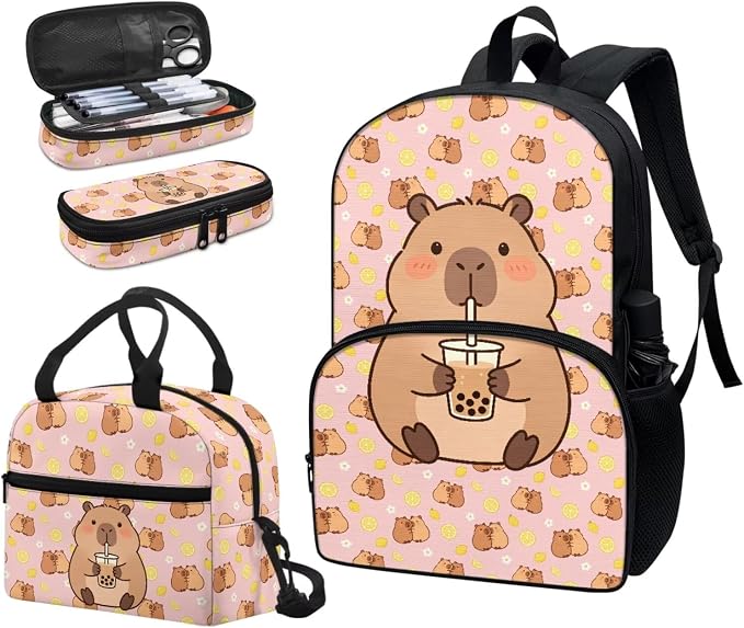 Cute School Backpack for Girls, Kids Capybara Milk Tea Backpack School Bookbags with Insulated Lunch Box Pencil Case 3 in 1, Lightweight School Bag - Image 6