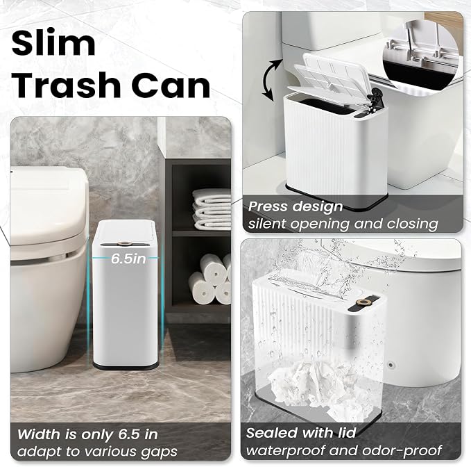 XLHOMO 9-Piece White Bathroom Accessories Set - Minimalist Matte Stripe Set with Slim Press-Top Trash Can, Soap Dispenser & Toothbrush Holder - Aesthetic Apartment Essentials - Image 3