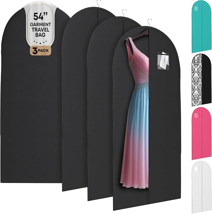 Luxury On the Go Black Suit Bag, Dress, and Travel Gown Garment Bags – 54" Hanging Garment Bag with Clear ID Window – Lightweight & Tear-Resistant – 3 Pack for Dresses, Prom, Evening Gown by YourBags