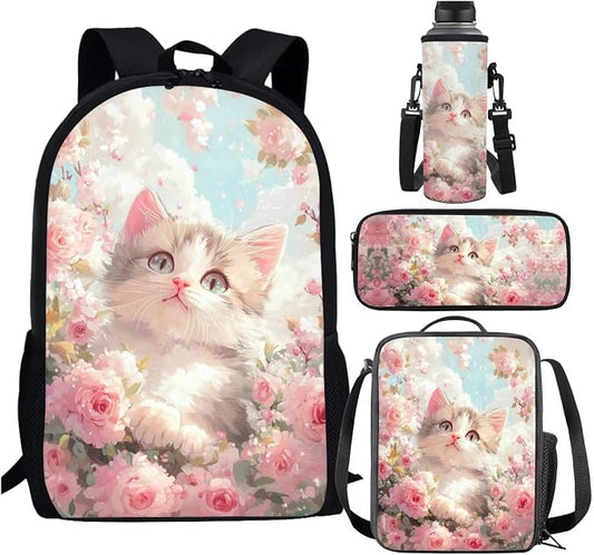 Cat Backpack Lunchbox Set for Girls 4-6/6-8/8-10 Pink Flower Kids Bookbags for 2nd Grade Elementary School Back Pack 4 in 1 Middle Book Bags Lunch Bag Pencil Case Water Bottle Carrier by SCRAWLGODDreamWardrobe