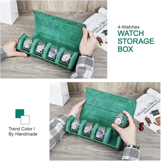 Hiram Genuine Leather Saffiano Leather Watch Roll Travel Case, Leather 4-Watches Roll Case for Treasured Watches and Bracelets(Green) - Image 4