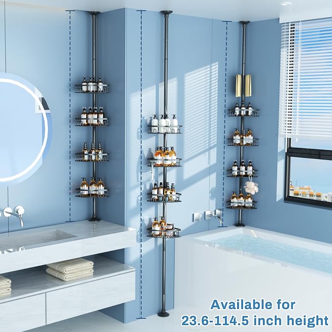 cutefafa Rustproof Corner Shower Caddy Freestanding Tension Pole, 4 Large Baskets for Bathtub Shampoo Storage Organizer Bathroom Height Adjustable Shelves from 23.6 to 114.5 Inch with Towel Bar - Image 2