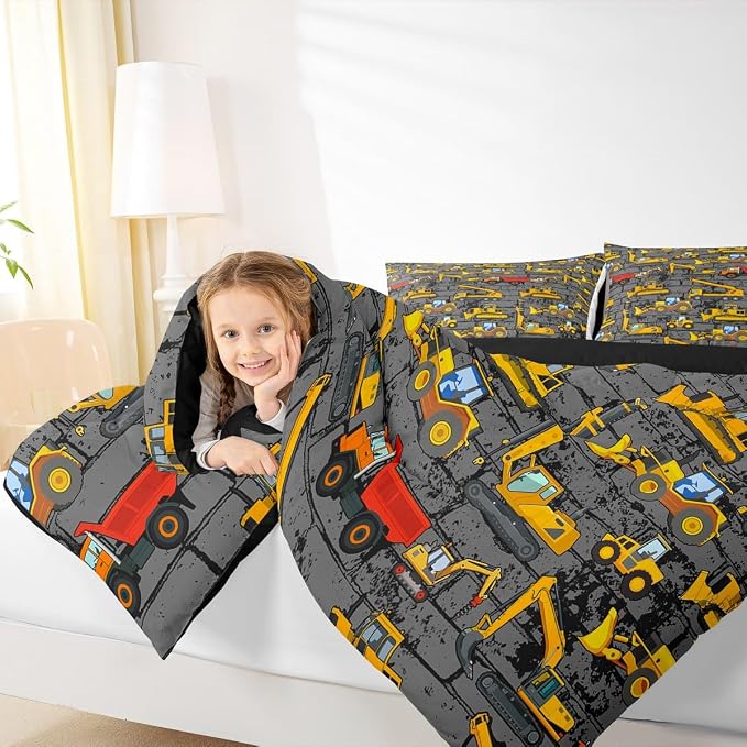 Erosebridal Excavator Comforter Set King,Tractor Construction Bedding Set for Kids Boys Teens Truck Room Decor,Cartoon Vehicle Car Bedding Comforter Construction Site Duvet Set Yellow Dark Grey 3 Pcs - Image 6