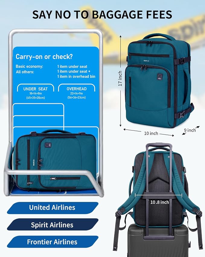 ECOHUB 17" Small Travel Backpack, United Airlines Personal Item Bag 17x10x9 with 16 Pockets, Water Resistant Rucksacks Fit 15.6" Laptop, AirTag Pocket, Lightweight Casual Daypack, 25L, Blue Green - Image 2