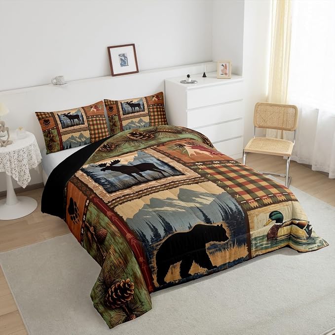 Bear Comforter Set Twin for Teens Boys,Rustic Moose Duck Bedding Set for Cabin Lodge,Retro Hunting Animal Bedding Comforter Sets,Southwest Buffalo Plaid Check Patchwork Duvet Insert with 1 Pillow Sham - Image 5