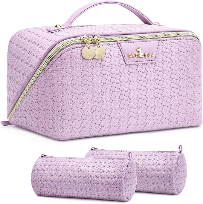 Travel Makeup Bag for Women: Designer 3 Pcs Set Cosmetic Bags for Women - Large Capacity Vagen Leather Hand-made for Toiletry Organizer - Ladies Travel Flat Open Essentials for Luxury (06Purple) by Unknown