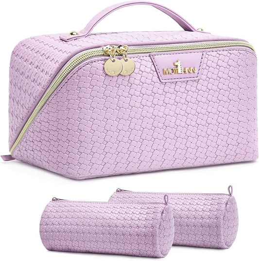 Travel Makeup Bag for Women: Designer 3 Pcs Set Cosmetic Bags for Women - Large Capacity Vagen Leather Hand-made for Toiletry Organizer - Ladies Travel Flat Open Essentials for Luxury (06Purple) by Unknown