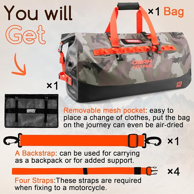 OSAH DRYPAK Waterproof Duffel Bag 25L/40L/60L – Heavy-Duty Motorcycle Tail Bag, Roll-Top Dry Bag for Travel, Camping, Boating, Kayaking, Outdoor Adventure - Image 8