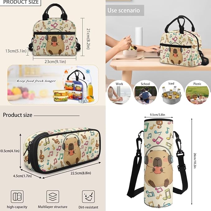 4 Pcs Capybara Music Notes Backpack for Kids, Girls Boys School Backpacks Bookbag Lunch Box Pencil Case Water Bottle Bag for Middle School, Big Student Backpack Back Pack Book Bags, Beige - Image 6