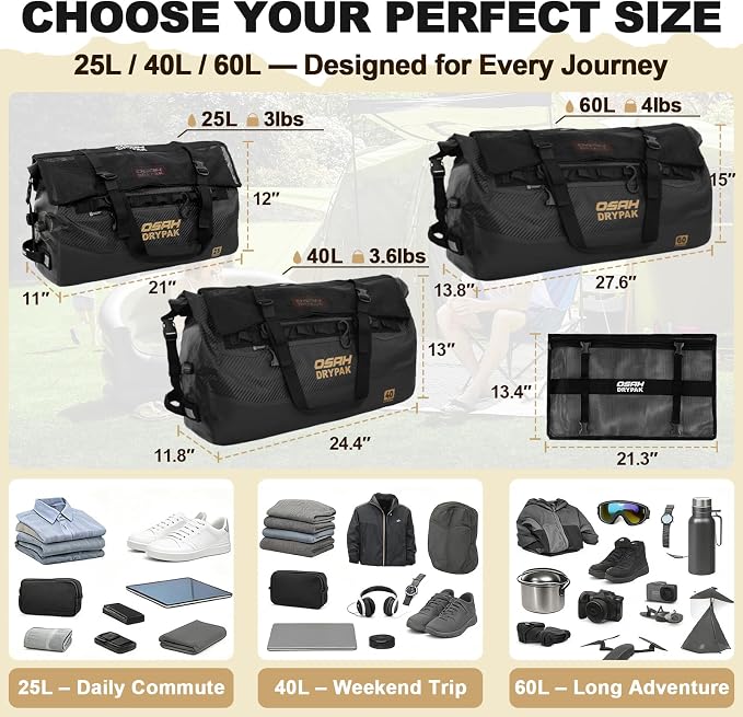 OSAH DRYPAK Waterproof Duffel Bag 25L/40L/60L – Heavy-Duty Motorcycle Tail Bag, Roll-Top Dry Bag for Travel, Camping, Boating, Kayaking, Outdoor Adventure - Image 2
