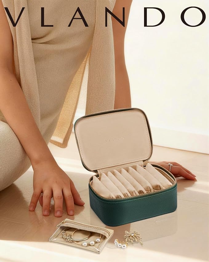 VLANDO Jewelry Box with 8 Velvet Jewelry Bags Travel Jewelry Storage Box Petal Hardware Jewelry Organizer for Necklace Rings Earrings Women Gifts for Christmas Birthday-Green - Image 2