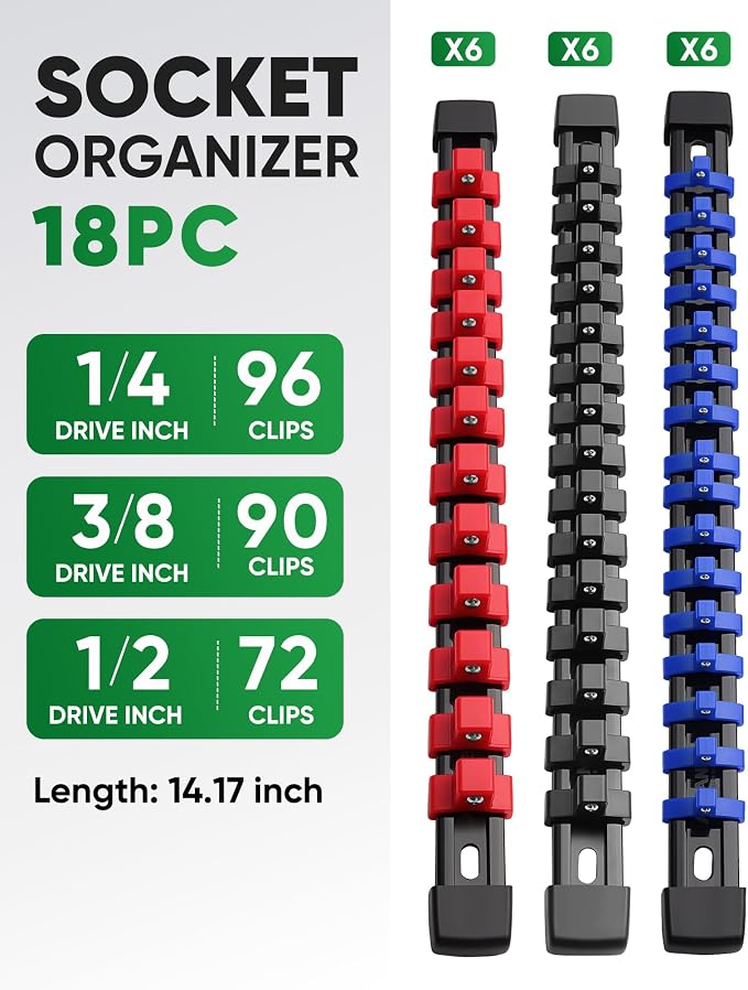 ALOANES 18PC Socket Organizer, Socket Rails Fit 1/2", 1/4" and 3/8" Drive | Portable Heavy Duty ABS Socket Holders Hold up 258 Sockets for Toolbox Drawer Bags(6 Color) - Image 2