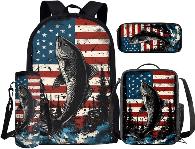 GIFTPUZZ Fish American Flag Backpack Set for Elementary Boys | Vintage Patriotic Print, 4-in-1 School Set, 17 Inch Bookbag with Lunch Box, Pencil Case, Water Bottle Sleeve, Ages 6-8 - Image 2