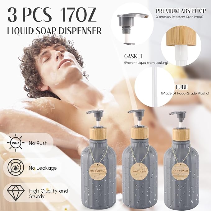 Grey Bathroom Accessories Set 17PCS Bathroom Set with Trash Can 3PCS Lotion Soap Dispenser, Toothbrush Holder, Soap Dish,Tumbler Cup,6PCS Wood Tags Bath Accessories with Tray for Bathroom - Image 2