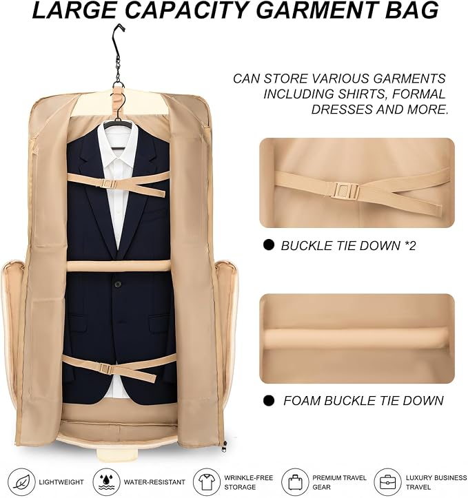 Travel Garment Bag for women,Lightweight Puffy Carry on Garment Bag for Hanging Clothes,44.7'' Waterproof Travel Suit Bag with Shoulder Strap,2 in 1 Foldable Duffle Bag,Beige - Image 3