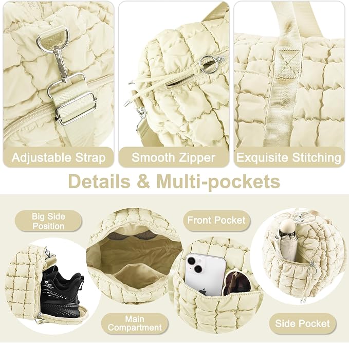 Quilted Travel Duffle Bag Gym Bag for Women,Large Puffer Duffle Weekender Bag with Compartment,Workout Overnight Carry on Organizer Bag Duffle Bag for Airplane Travel(Off-white) - Image 4