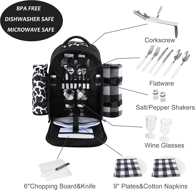 apollo walker Picnic Backpack Bag for 2 Person with Cooler Compartment, Detachable Bottle/Wine Holder, Fleece Blanket, Plates and Cutlery Set (2 Person, Black) - Image 2