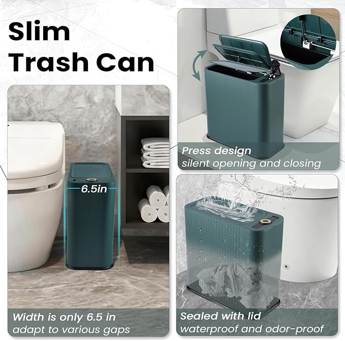 XLHOMO 9-Piece Dark Green Bathroom Accessories Set - Slim Pop-up Trash Can with Lid, Toilet Brush, Soap Dispenser & Apothecary Jars - Luxury Emerald Decor for Small Spaces - Image 3