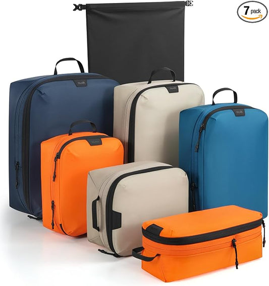 Compression Packing Cubes Ultralight 7PCS Luggage Travel Organizer Bags Set | Fit 24" Checked Luggage | Color-Coded Packing Essentials for Family & Business Trips | Water-Resistant Ripstop Nylon Cubes by Tolaccea
