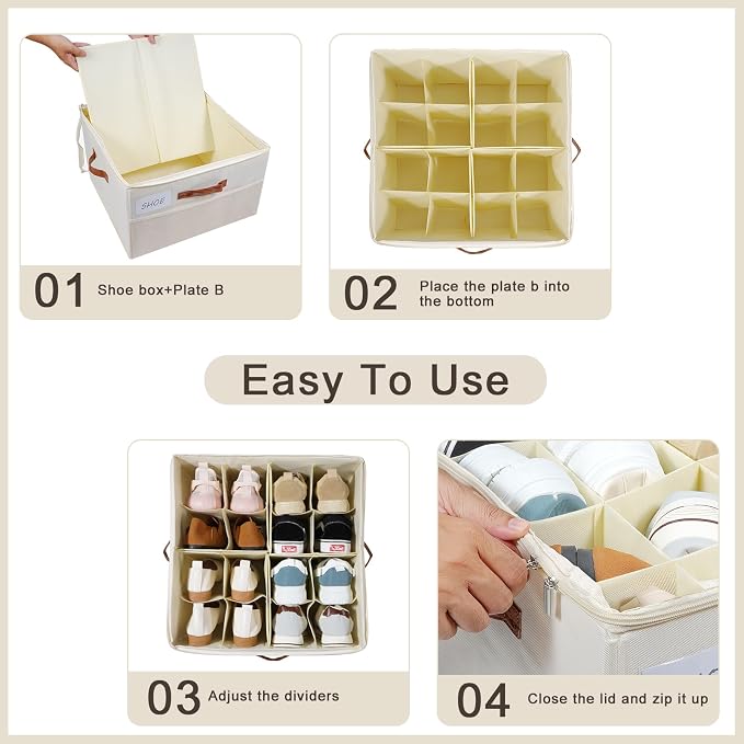 Shoe Organizer for Closet, Shoe Storage Box, Foldable Shoe Box with Adjustable Dividers and Clear Cover, Closet Shoe Organizer Fits up to 16 Pairs, 1-Pack, Extra Storage Pocket for Socks - Image 8