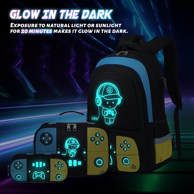 Bevalsa Backpack for School Boys, Cool Luminous Gamer Boys Schoolbag with Lunch Box & Pencil Case Set for Kids Teens Elementary Middle School, Bookbag Glow In The Dark(Yellow Blue Backpack) - Image 2