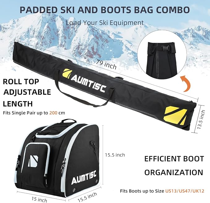 AUMTISC Padded Ski and Boots Bag Combo for Air Travel Flying, Skis Bags Adjustable Length for Skis Up to 200cm and Boots Up to Size 13 - Image 2