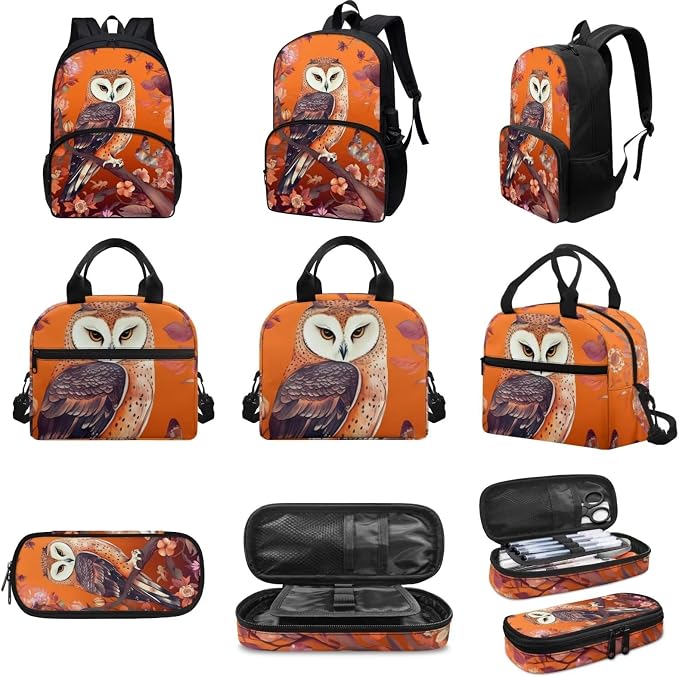 Cute Orange Floral Owl Backpack Set for Girls Kids Lightweight Cute School Backpack with Lunch Box Pencil Case Adjustable Strap Padded Book Bag Insulated Lunch Bag - Image 3