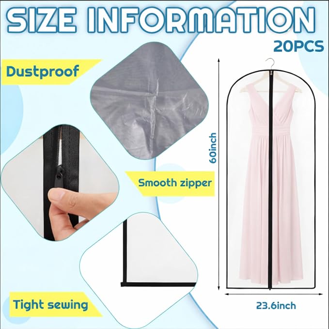 Amylove 20 Pcs 24 x 60 Inch Garment Bags Bulk Hanging Clothes Storage Covers for Closet Organization Dustproof Long Dress Bag Set for Wedding Dresses Gowns Coats Travel Suit - Image 2
