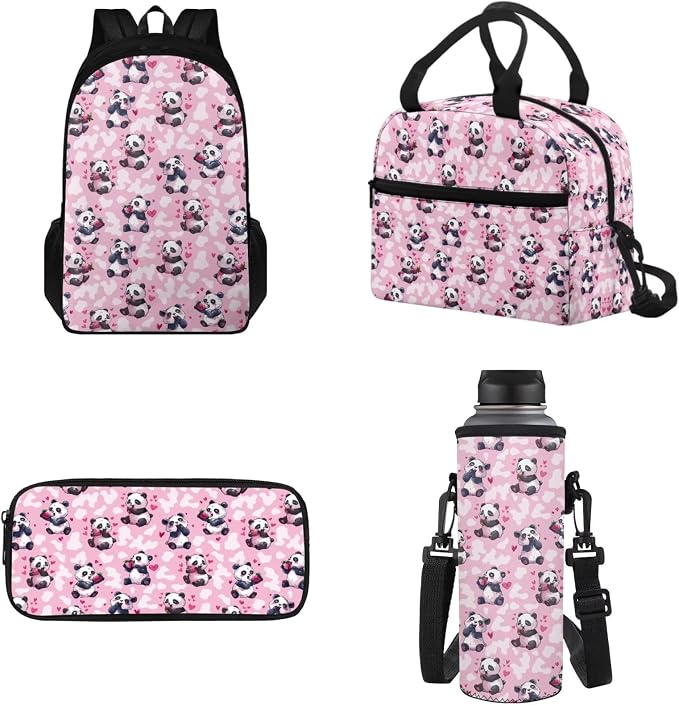 Backpack for School Teens Bookbags with Reusable Lunch Bag Pencil Pouch Water Bottle Organizer Set of 4, Panda Heart Hiking Bookbag Lightweight Book Bags Rucksack for Travel by Tomeusey