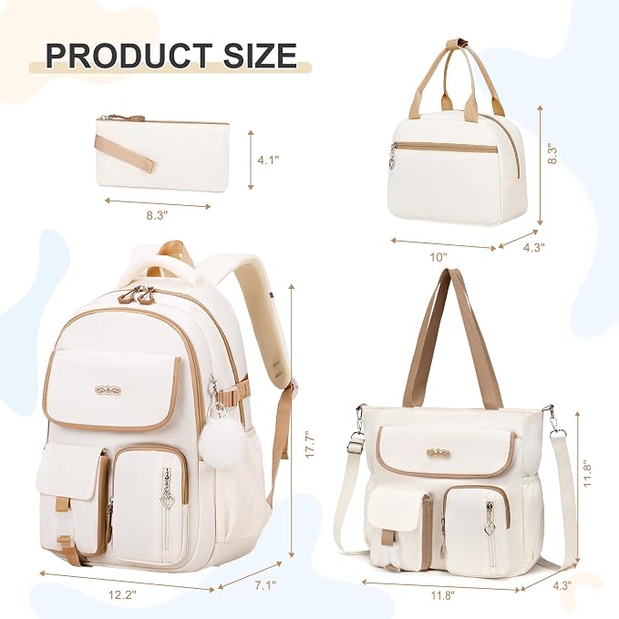 DIGOBAY Backpacks for Girls, 4PCS School Girls Backpack with Tote Bag Lunch Box Pencil Pouch for Teen Kids Elementary Primary Middle High College Travel School bag Bookbag Set, Khaki - Image 2
