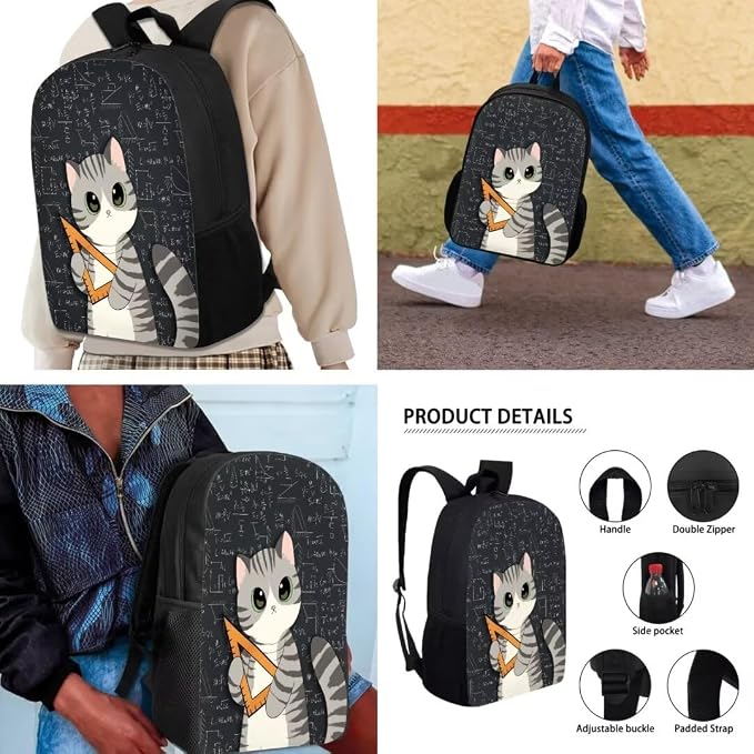 Mumeson Child Backpack Cartoon Cat Print Bookbag Rucksack Schoolbags for Teen Boys Back to School Book Bags Set T-Rex School Bags with Insulated Thermal Lunch Box and Portable Pencase - Image 4