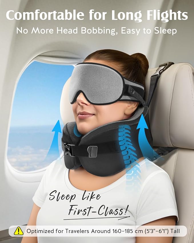 YFONG Travel Pillow for Long Flight Airplane, Head Strap Combo with 3D Contoured Sleep Eye Mask, Neck Pillow for Travel Essential, 360° Support Memory Foam Headrest, Prevent Bobbing, Drawstrap - Grey - Image 2