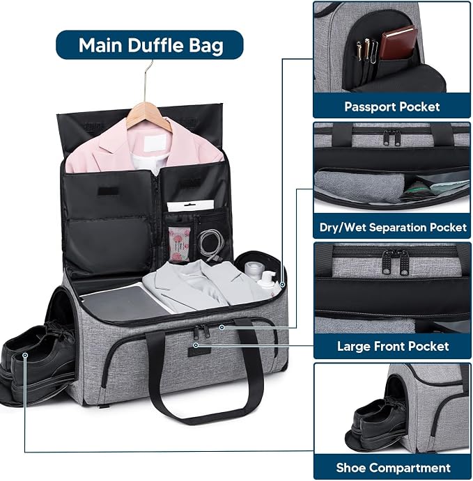 Vessgra Garment Bags for Travel,Convertible Garment Bag with Shoulder Strap, 4 in 1 Suit Bag Travel with Shoes Foldable 58L Garment Bags for Men Women Garment Duffel Bags for Hanging Clothes,Grey - Image 6