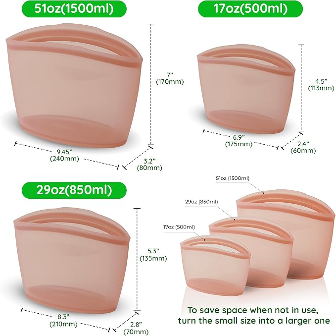 Reusable Silicone Food Storage Bags, 3-Pack Variety Set (2, 3.5, 6 Cups), Made in Korea BPA-Free Silicone, Triple-Airtight Freezer Bags, Microwave Safe, Sous Vide, Zip Lock Pouch, Dry Rose - Image 7